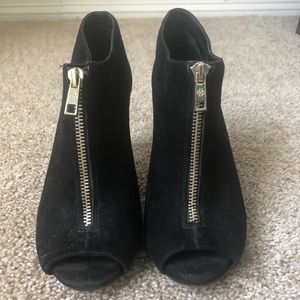 Black Suede Zip Up Peek Toe Booties (Size 6.5)
